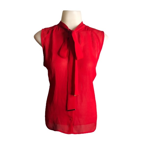 Worthington | Red Sheer Neck Tie detailing sleeveless button down blouse - Picture 2 of 9